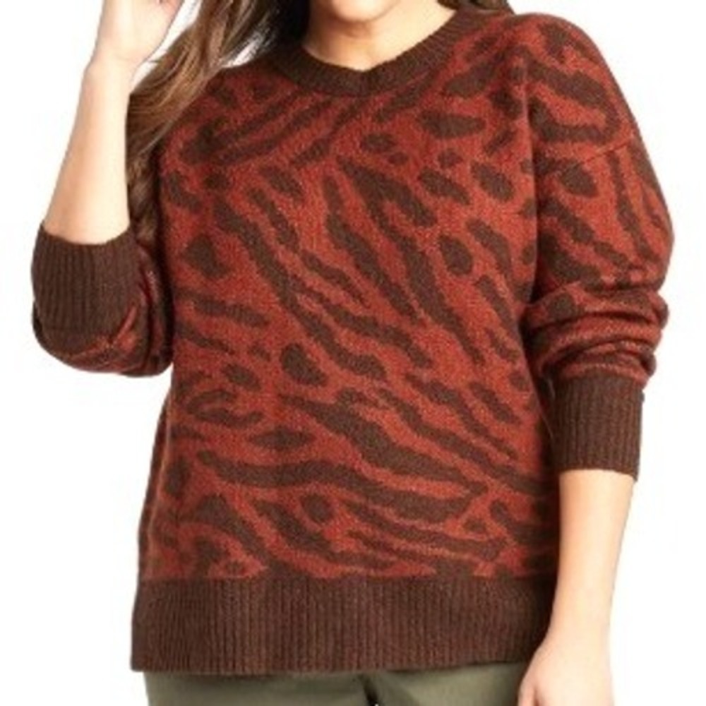 AVA & VIV Women's 1X Rust‎ Brown Red Animal Print Crew Neck Pullover Sweater XL